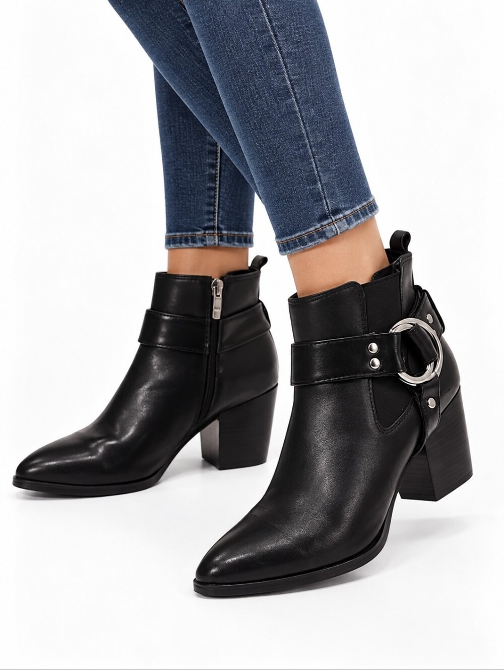 Marc Fisher Black Leather Pointed Ankle Western Boot Block Heel Sz 7